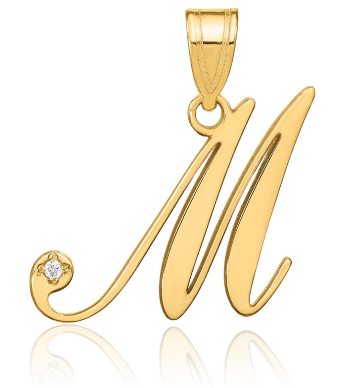 14K Solid Yellow Gold Dainty Letter M Initial Name Monogram Necklace Chain Pendant Charm Diamond