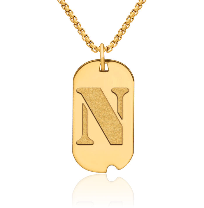 14K Solid Yellow Gold Dainty Letter N Initial Name Monogram Dog Tag Necklace Chain Pendant Charm