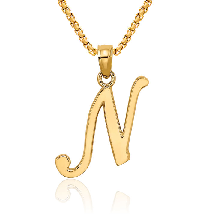 14K Solid Yellow Gold Dainty Letter N Initial Name Monogram Necklace Chain Pendant Charm