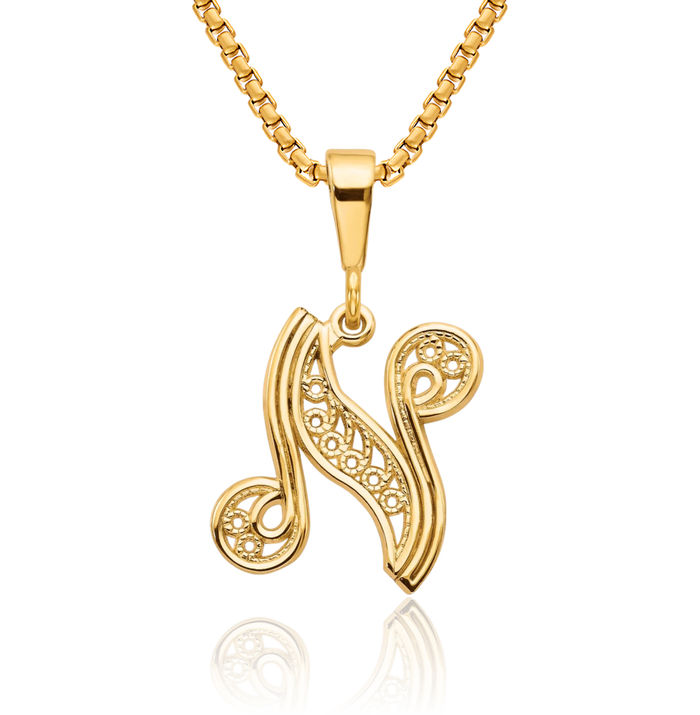 14K Solid Yellow Gold Dainty Letter N Initial Name Monogram Necklace Chain Pendant Charm