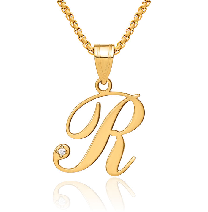14K Solid Yellow Gold Dainty Letter R Initial Name Monogram Necklace Chain Pendant Charm Diamond
