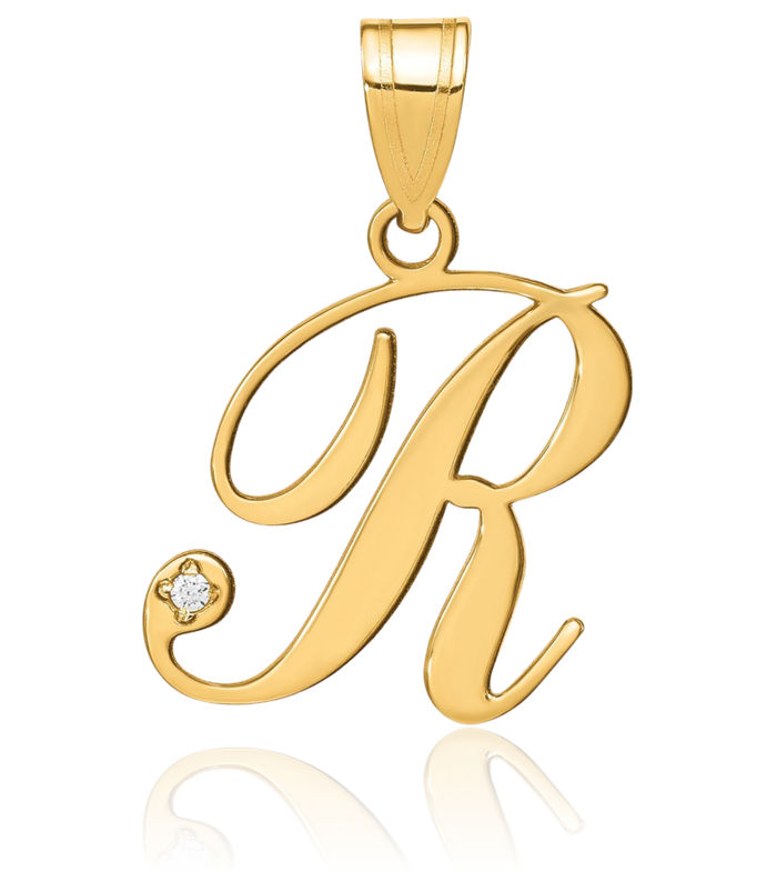 14K Solid Yellow Gold Dainty Letter R Initial Name Monogram Necklace Chain Pendant Charm Diamond