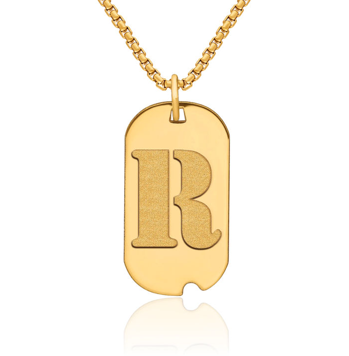 14K Solid Yellow Gold Dainty Letter R Initial Name Monogram Dog Tag Necklace Chain Pendant Charm