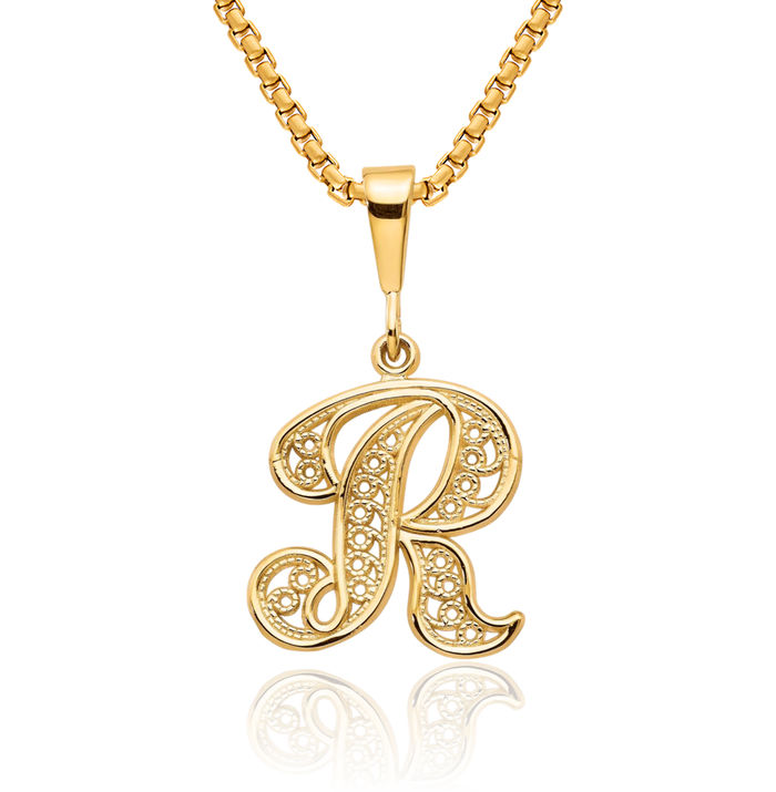 14K Solid Yellow Gold Dainty Letter R Initial Name Monogram Necklace Chain Pendant Charm