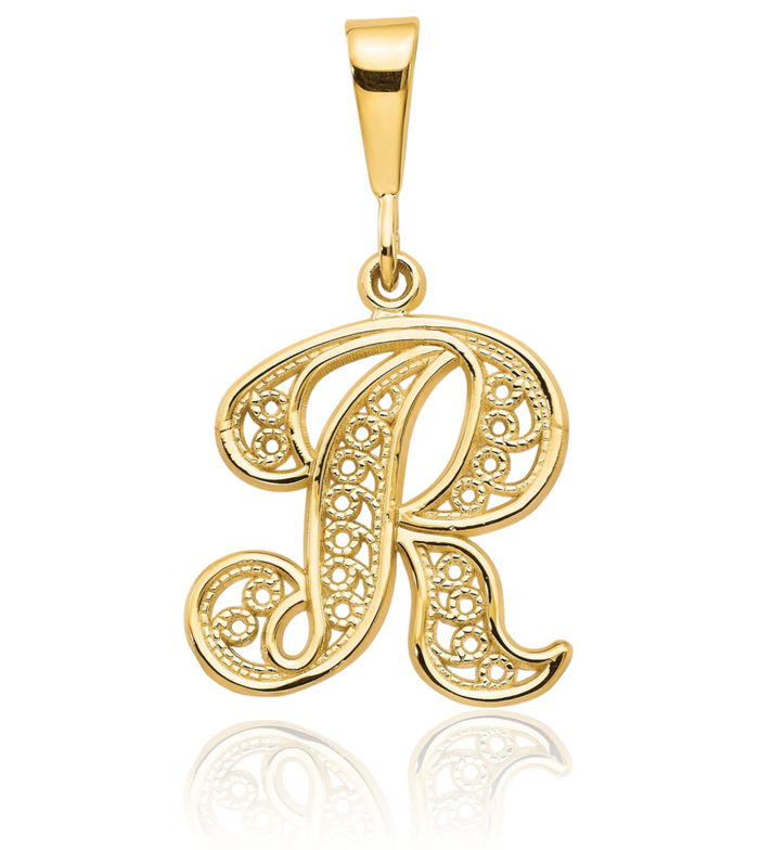 14K Solid Yellow Gold Dainty Letter R Initial Name Monogram Necklace Chain Pendant Charm