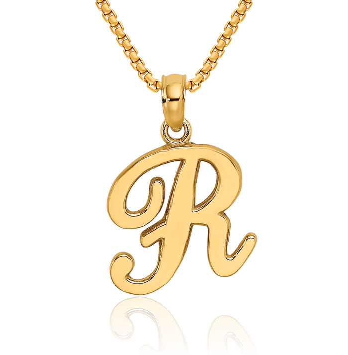 14K Solid Yellow Gold Dainty Letter R Initial Name Monogram Necklace Chain Pendant Charm