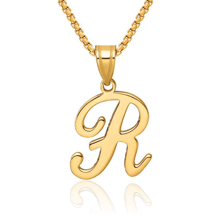 14K Solid Yellow Gold Dainty Letter R Initial Name Monogram Necklace Chain Pendant Charm