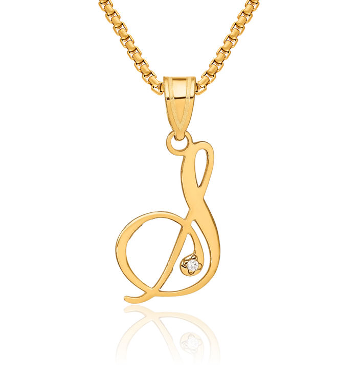 14K Solid Yellow Gold Dainty Letter S Initial Name Monogram Necklace Chain Pendant Charm Diamond