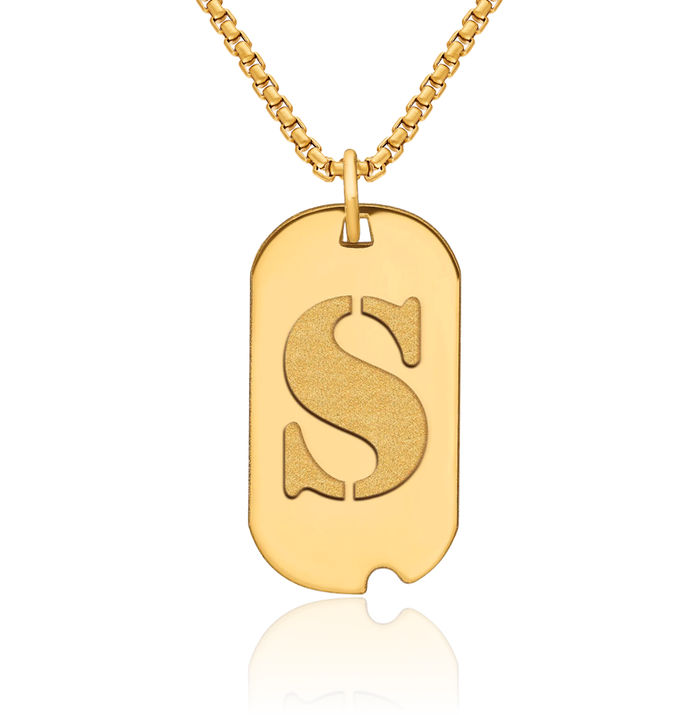 14K Solid Yellow Gold Dainty Letter S Initial Name Monogram Dog Tag Necklace Chain Pendant Charm