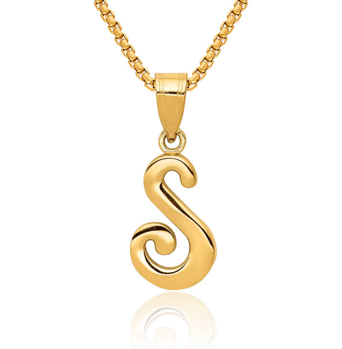 14K Solid Yellow Gold Dainty Letter S Initial Name Monogram Necklace Chain Pendant Charm