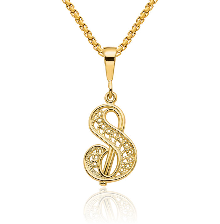 14K Solid Yellow Gold Dainty Letter S Initial Name Monogram Necklace Chain Pendant Charm