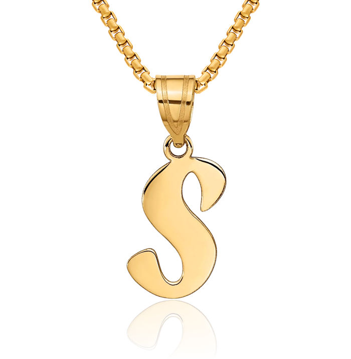 14K Solid Yellow Gold Dainty Letter S Initial Name Monogram Necklace Chain Pendant Charm