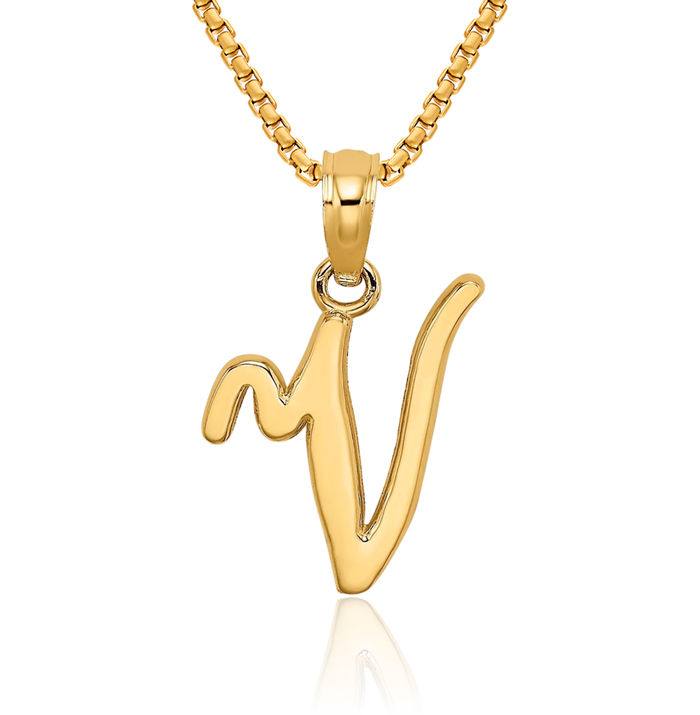 14K Solid Yellow Gold Dainty Letter V Initial Name Monogram Necklace Chain Pendant Charm