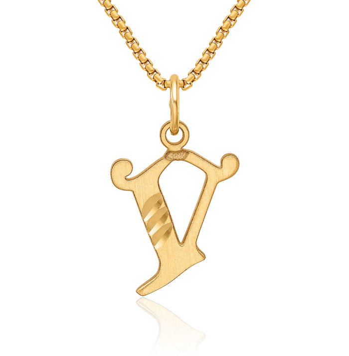 14K Solid Yellow Gold Dainty Letter V Initial Name Monogram Necklace Chain Pendant Charm
