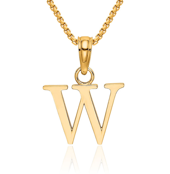 14K Solid Yellow Gold Dainty Letter W Initial Name Monogram Necklace Chain Pendant Charm