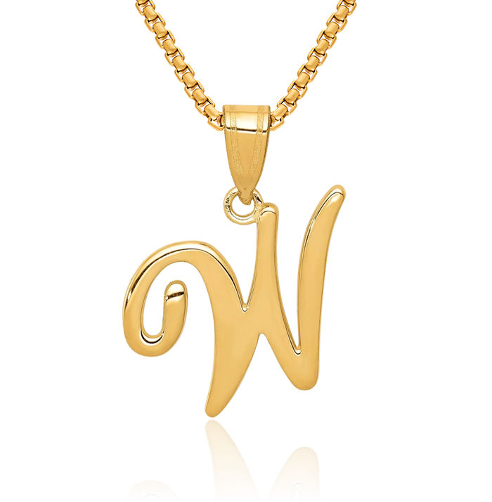 14K Solid Yellow Gold Dainty Letter W Initial Name Monogram Necklace Chain Pendant Charm
