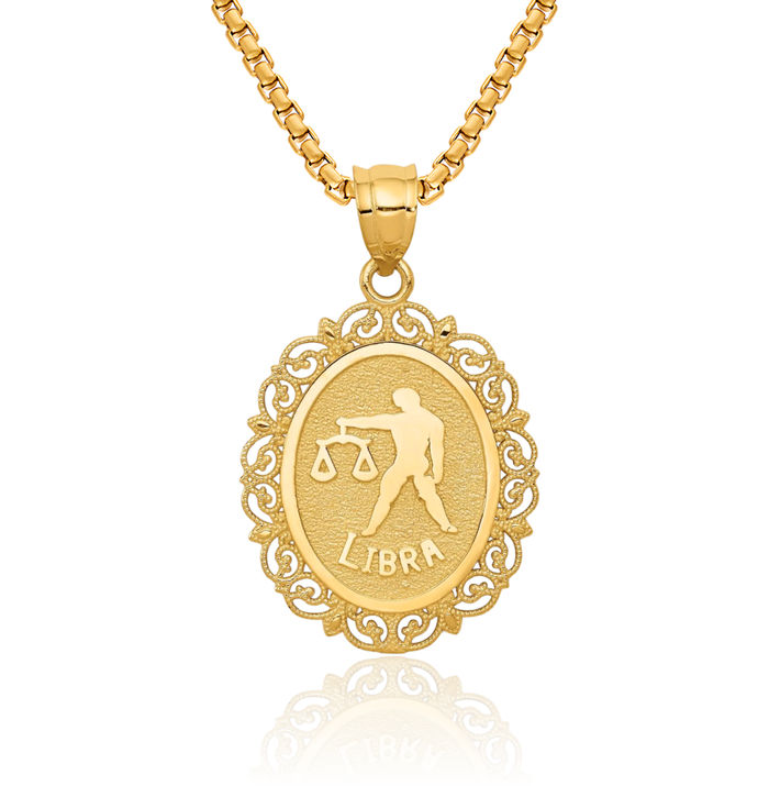 14K Solid Yellow Gold Libra Zodiac Oval Necklace Chain Pendant Charm