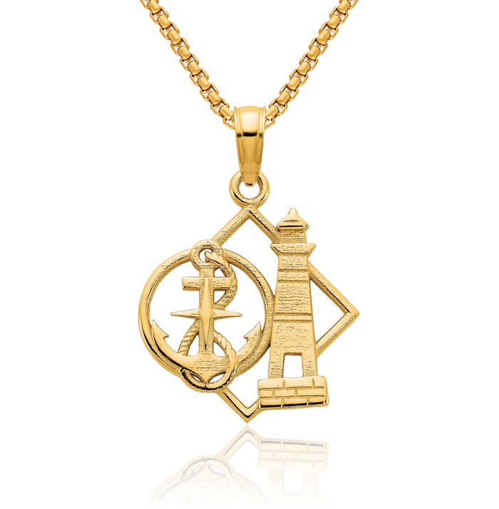 14K Solid Yellow Gold Lighthouse Anchor Mariner Necklace Nautical Charm Pendant