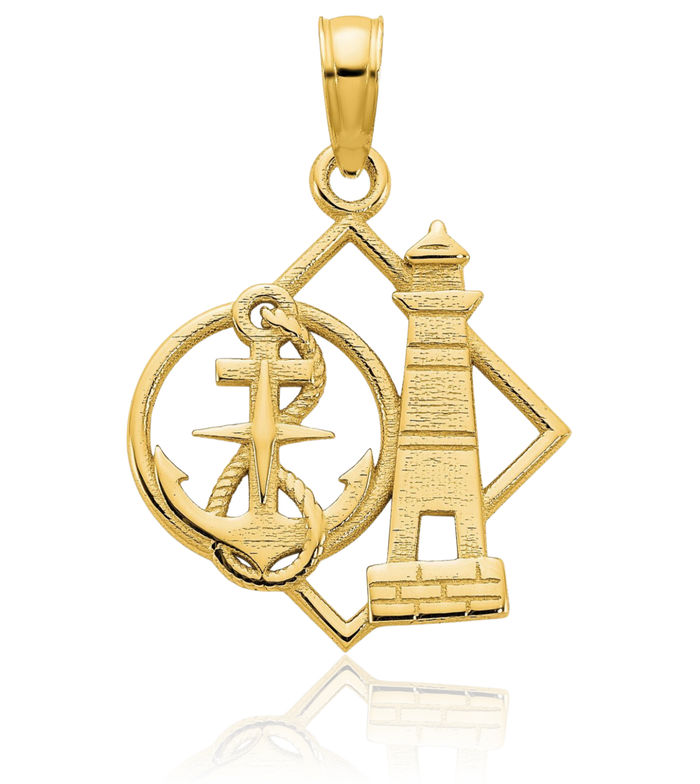 14K Solid Yellow Gold Lighthouse Anchor Mariner Necklace Nautical Charm Pendant