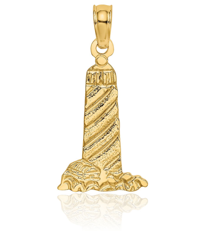14K Solid Yellow Gold Lighthouse Building Necklace Chain Pendant Charm