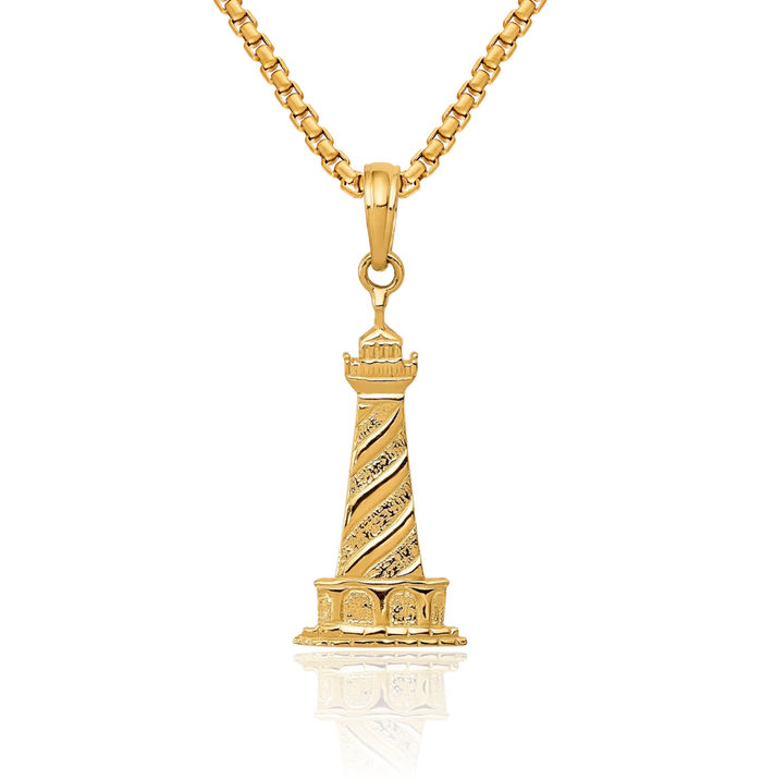 14K Solid Yellow Gold Lighthouse Necklace Chain Pendant Charm