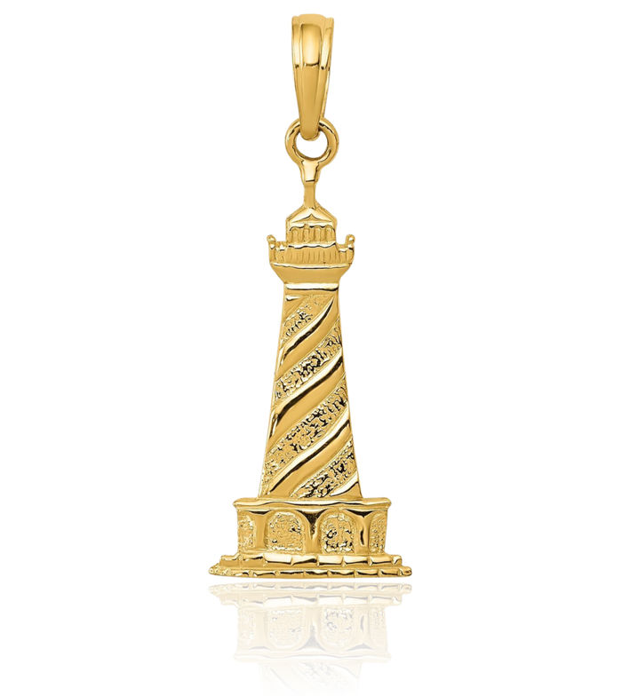 14K Solid Yellow Gold Lighthouse Necklace Chain Pendant Charm