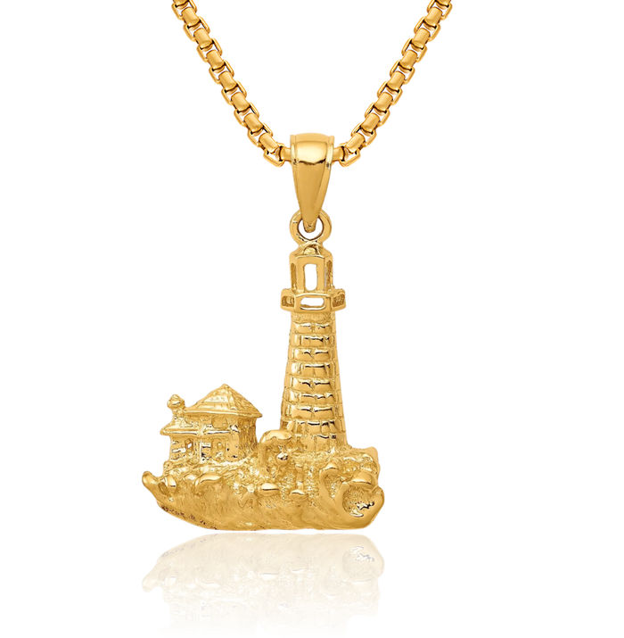 14K Solid Yellow Gold Lighthouse Necklace Chain Pendant Charm