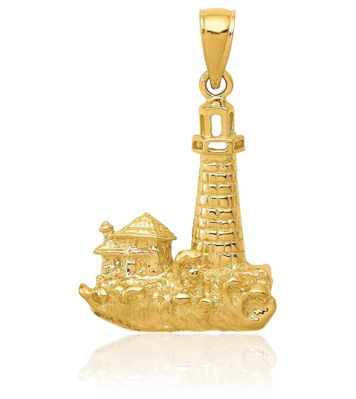 14K Solid Yellow Gold Lighthouse Necklace Chain Pendant Charm