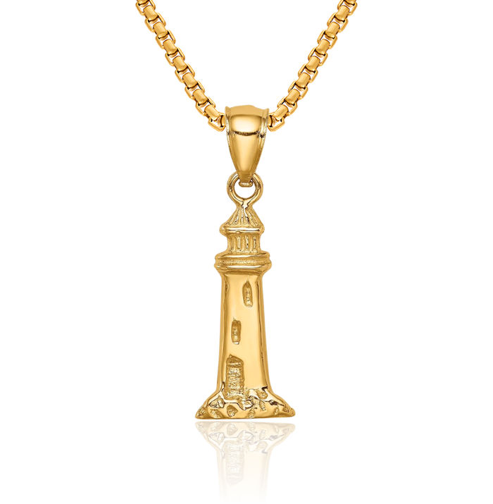 14K Solid Yellow Gold Lighthouse Necklace Chain Pendant Charm