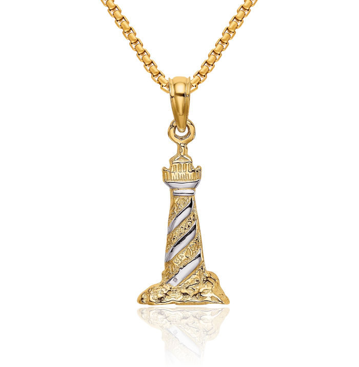 14K Solid Yellow Gold Lighthouse Necklace Chain Pendant Charm