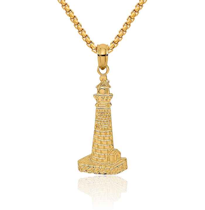 14K Solid Yellow Gold Lighthouse Necklace Chain Pendant Charm