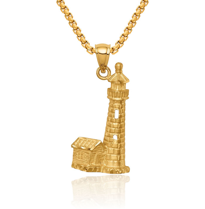 14K Solid Yellow Gold Lighthouse Necklace Chain Pendant Charm