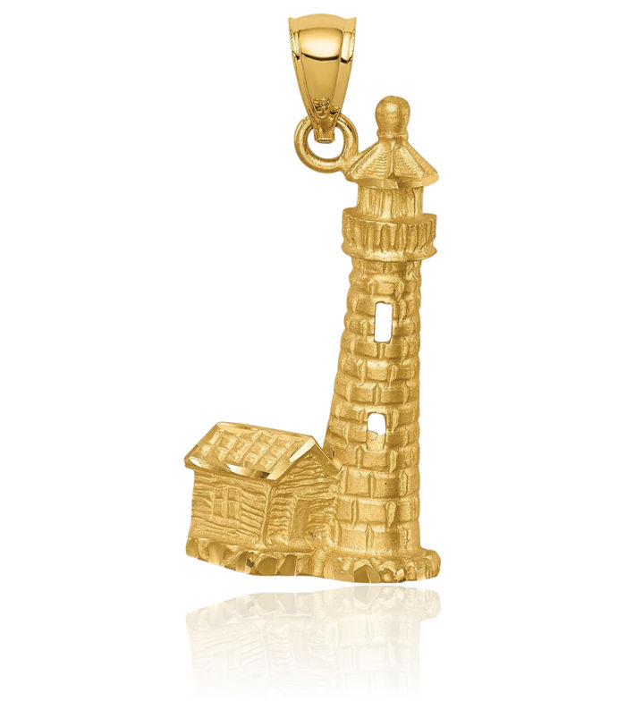 14K Solid Yellow Gold Lighthouse Necklace Chain Pendant Charm