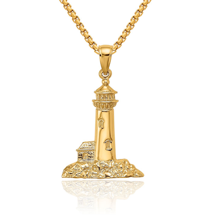 14K Solid Yellow Gold Lighthouse Necklace Chain Pendant Charm