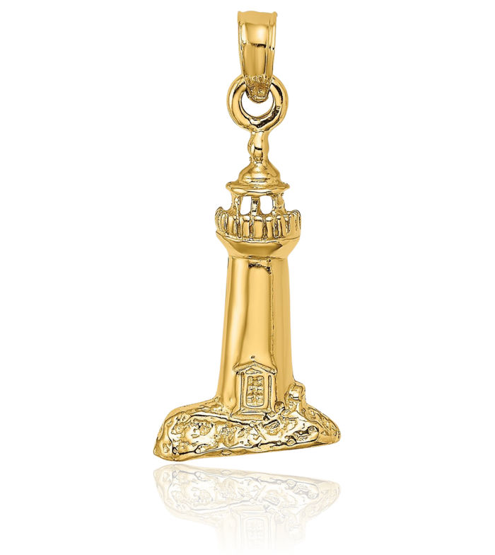 14K Solid Yellow Gold Lighthouse Necklace Chain Pendant Charm