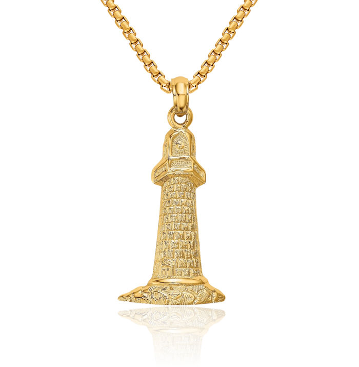 14K Solid Yellow Gold Lighthouse Necklace Chain Pendant Charm