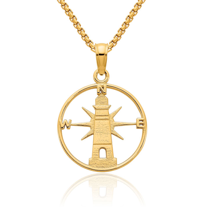 14K Solid Yellow Gold Lighthouse Necklace Chain Pendant Charm