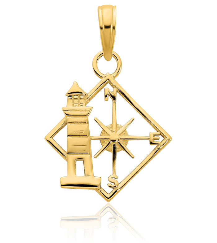 14K Solid Yellow Gold Lighthouse North Star Compass Necklace Nautical Charm Pendant