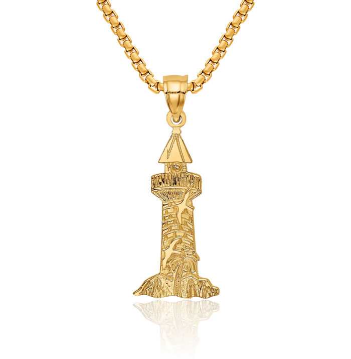 14K Solid Yellow Gold Lighthouse Seagulls Necklace Chain Pendant Charm