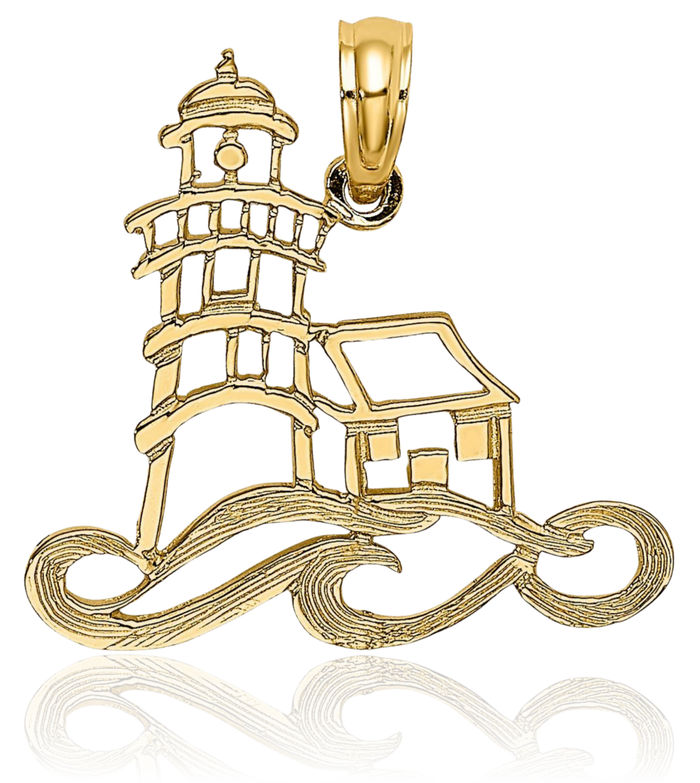 14K Solid Yellow Gold Lighthouse Water Necklace Chain Pendant Charm