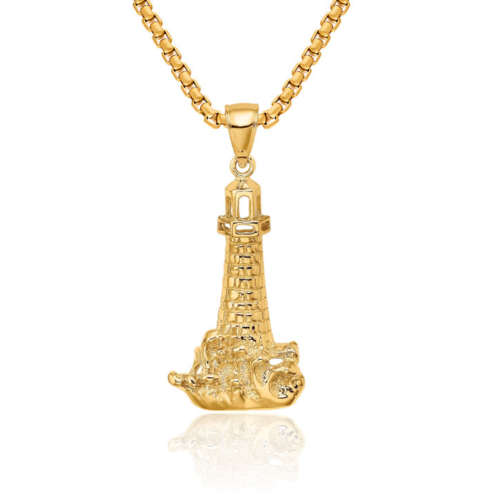 14K Solid Yellow Gold Lighthouse Wave Necklace Chain Pendant Charm