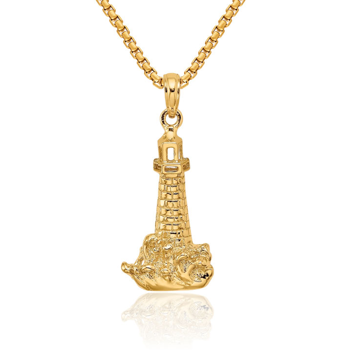 14K Solid Yellow Gold Lighthouse Wave Necklace Chain Pendant Charm