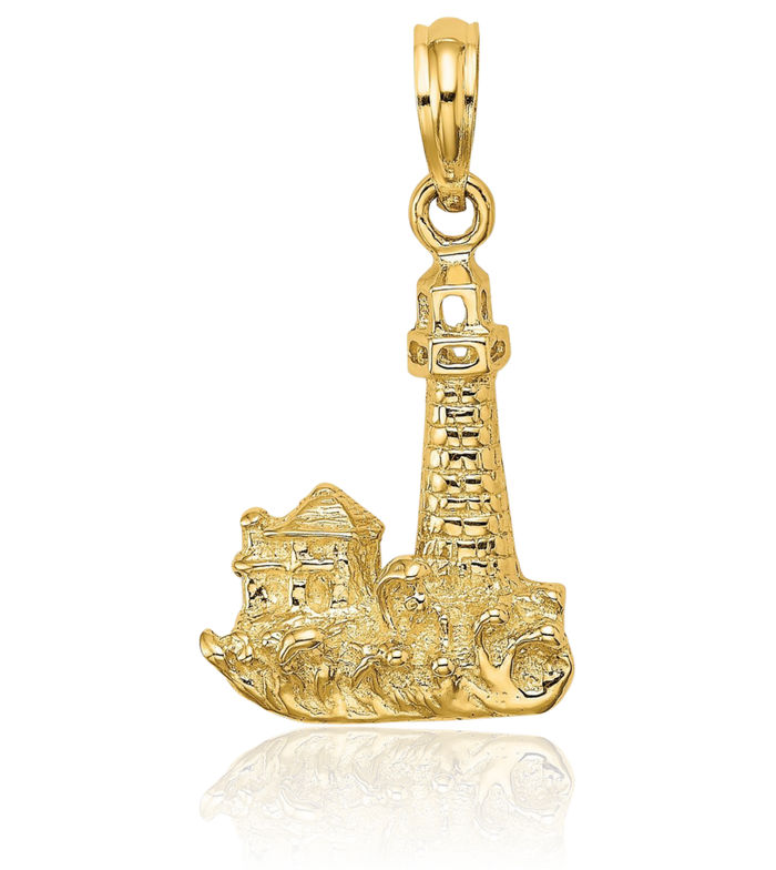 14K Solid Yellow Gold Lighthouse Waves Buildings Necklace Chain Pendant Charm
