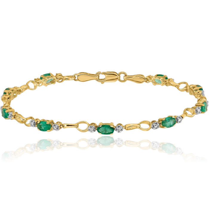 14K Solid Yellow Gold Link Diamond Green Emerald Chain Gemstone Tennis Bracelet