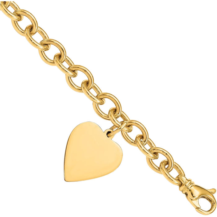 14K Solid Yellow Gold Link Heart Charm Bracelet