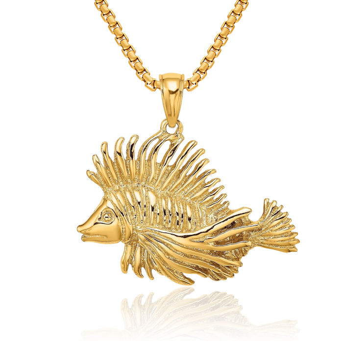 14K Solid Yellow Gold Lion Fish Necklace Chain Pendant Charm