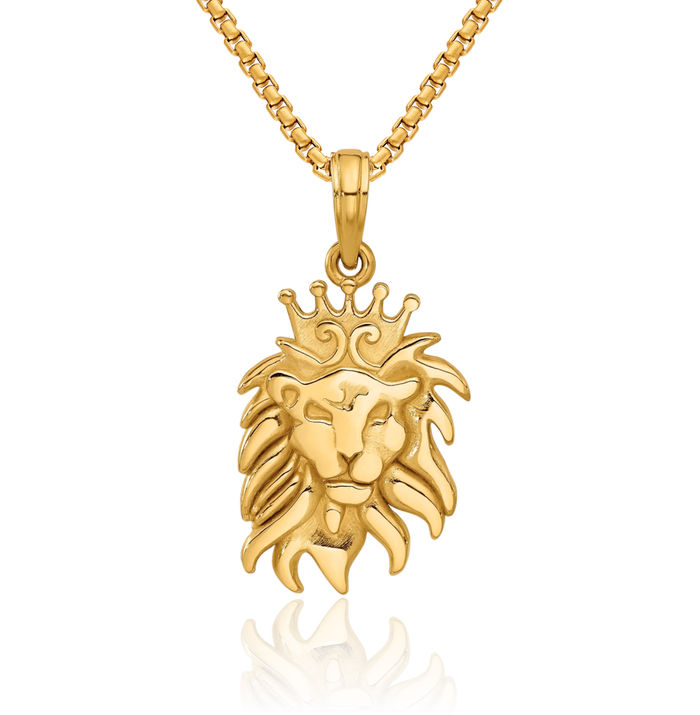 14K Solid Yellow Gold Lion Head Crown Necklace Chain Pendant Charm