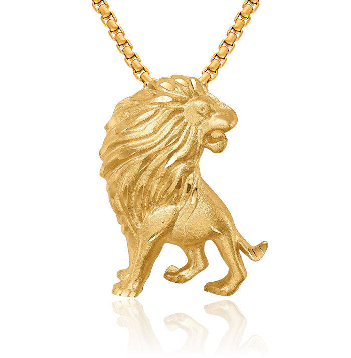 14K Solid Yellow Gold Lion Head Floating Chain Slide Pendant Necklace Charm