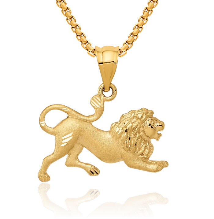 14K Solid Yellow Gold Lion Head Necklace Chain Pendant Charm