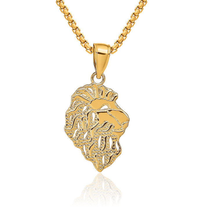 14K Solid Yellow Gold Lion Head Necklace Chain Pendant Charm